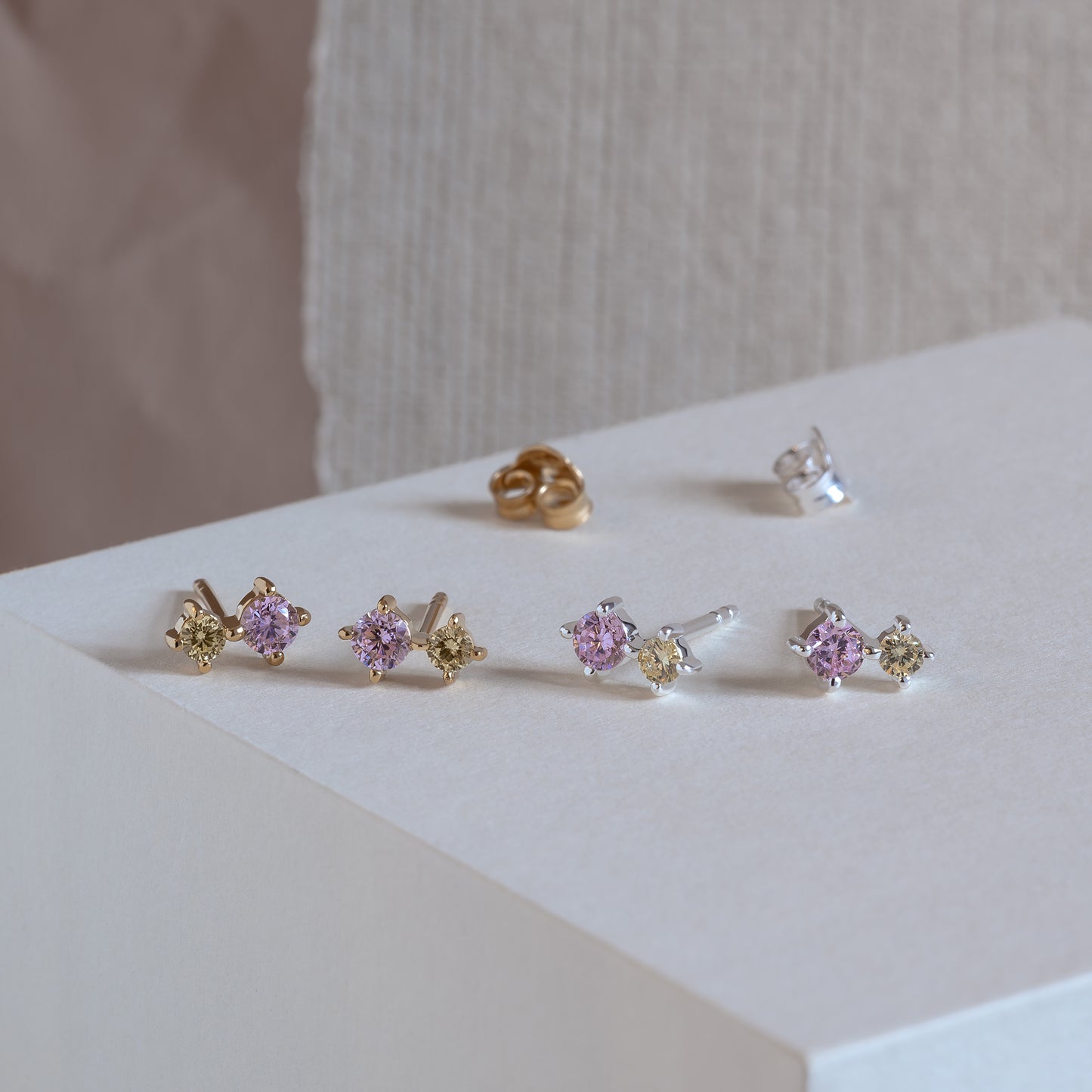 April ear studs ørestikker øreringe 925 silver 18k gold plated guldbelagt forgyldt sølv sten zirconia krystal feminine simple simpel modern handcraftedcph handcrafted jewelry copenhagen handmade danish design contemporary lyserød pink yellow gul