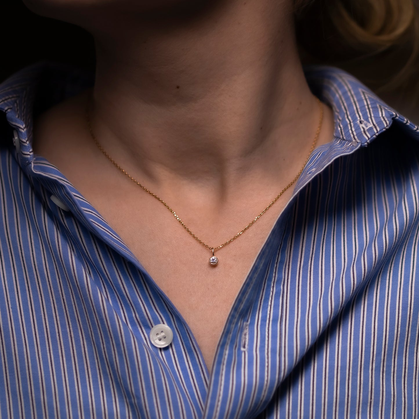 claire charm pendant solid gold white sapphire bezel set with cable diamond cut chain