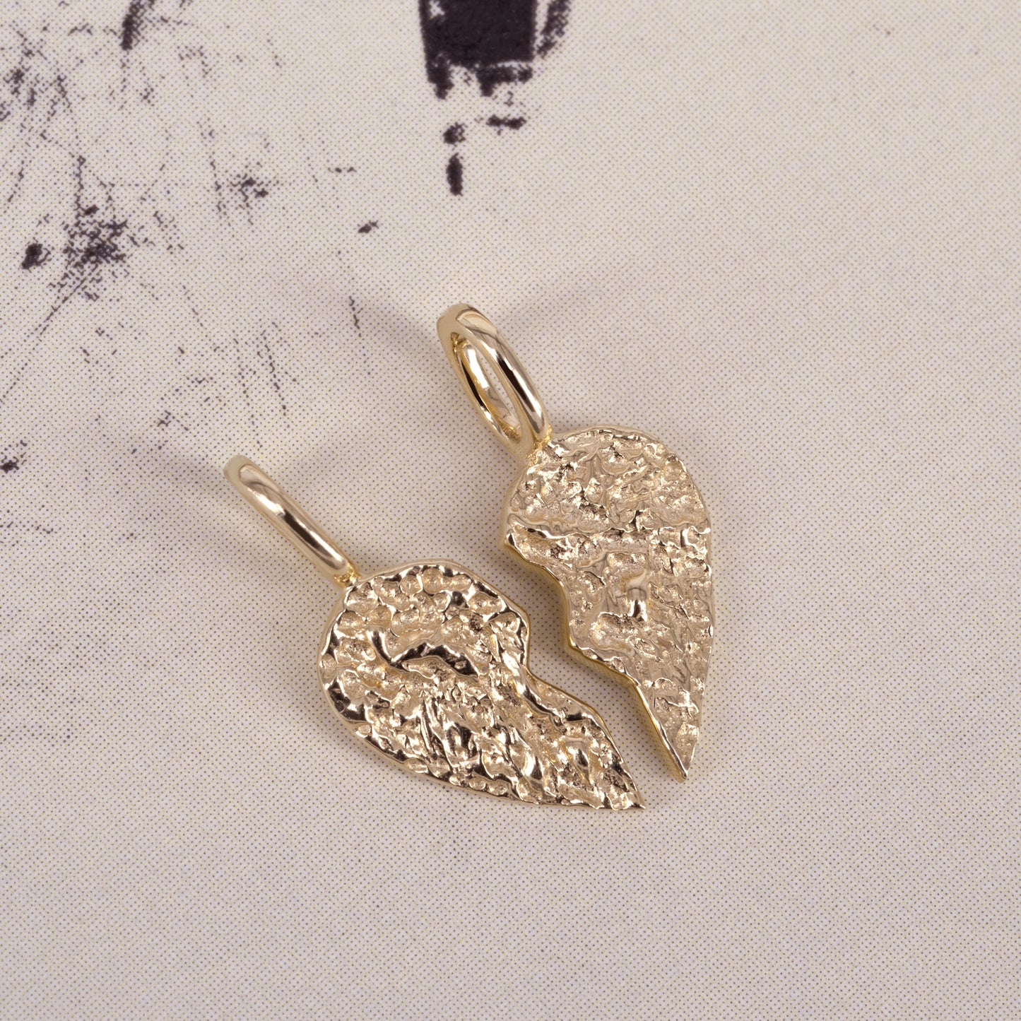 Molten Split Hearts Charm 375 9k solid gold massivt guld pendant vedhæng hjertevedhæng hjerte knækhjerte smeltet organic organisk smooth HandcraftedCPH handcrafted Copenhagen handmade friendship best friends cute petit